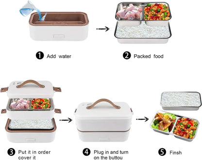 Self Cooking Electric Lunch Box, Portable Food Warmer for On-the-Go,Rice Cooker 2 Layers 800ML Heated Lunch Box for Home Office