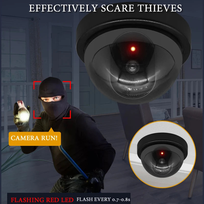 Cámara ficticia de CCTV con domo de plástico negro creativo, cámara falsa con luces LED intermitentes, alimentación mediante batería AA, sistema de seguridad de vigilancia