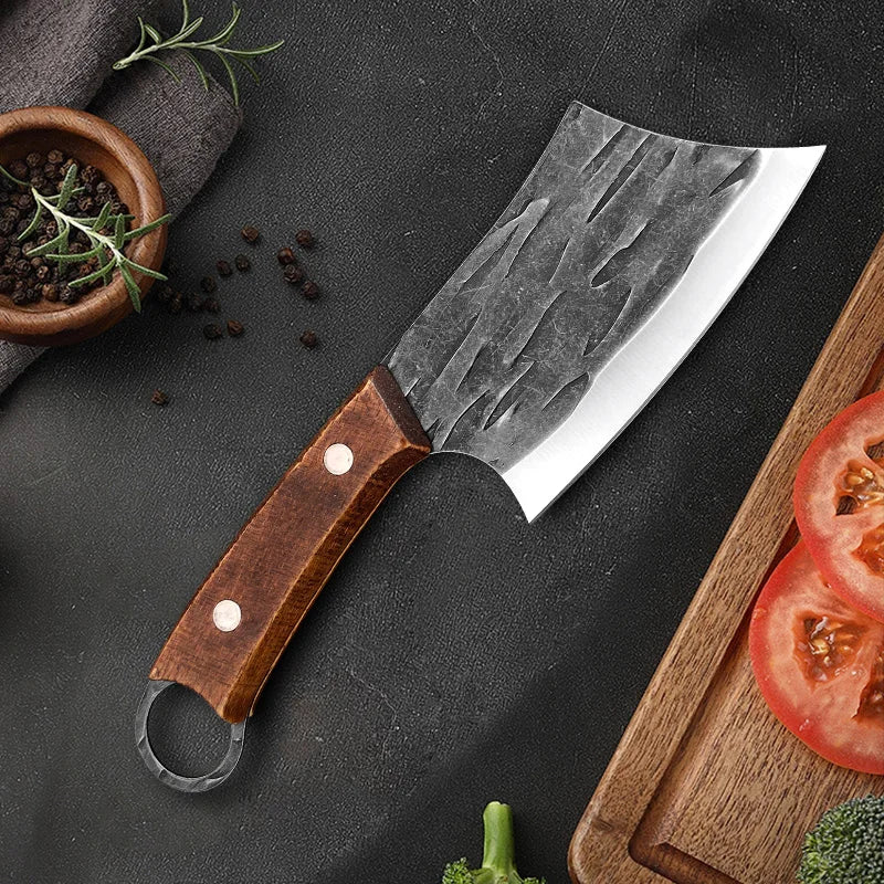 Cuchillo de carnicero forjado a mano de 4 pulgadas, de acero inoxidable, para cortar pescado, mango de madera, para cocina, para picar carne, para chef