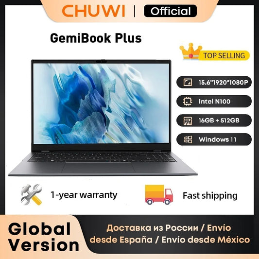 Portátil CHUWI GemiBook Plus de 15,6", Intel N100 Graphics de 12.ª generación, 1920 x 1080P, 16 GB de RAM, SSD de 512 GB con ventilador de refrigeración, Windows 11