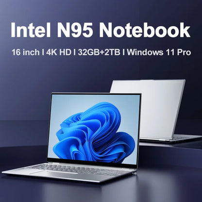 NEW 16'' Laptop Intel N95 4K HD 120HZ Display 32GB+2TB Windows 11 Pro Office Gaming Notebook Computer Fingerprint Unlock PC