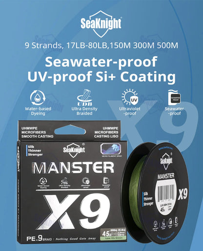 Línea de pesca de la serie X9 de la marca SeaKnight, 500/300/150 m, revestimiento Si+ resistente a los rayos UV y al agua de mar, línea de PE multifilamento suave de 9 tramas