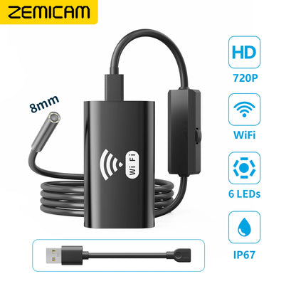 F99 Wifi Endoscope Camera HD720P 8mmLens USB Camera Semi-rigid Cable Waterproof Iphone Android Wireless Car Inspection Borescope