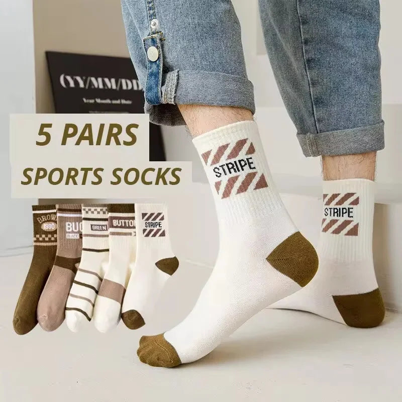 5 Pairs Of Men's Socks, Autumn And Winter Vintage Fun Fashion Athletic Socks, Sports Trend Socks