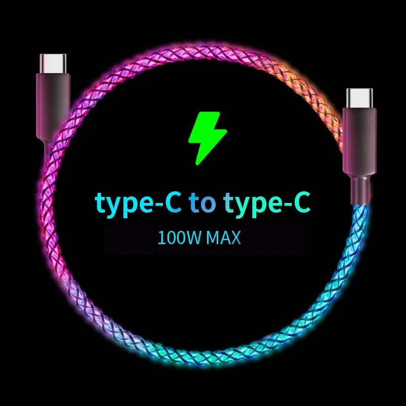 Fast Charging RGB Cable 100W Breathing Light 66W Type C USB C Data Cable for iPhone Samsung Huawei 30W Quick Charge for Xiaomi