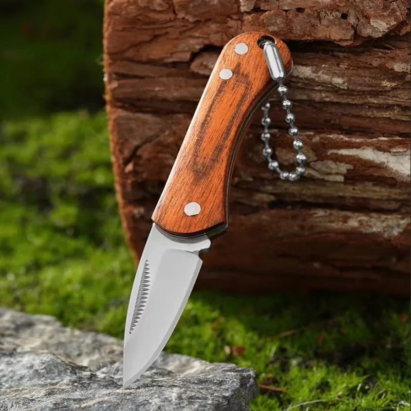 EDC Camping Pocket Knife Wooden Handle Folding Knife , Mini Keychain Knife, Stainless Steel Knife, Perfect For Fishing Outdoors