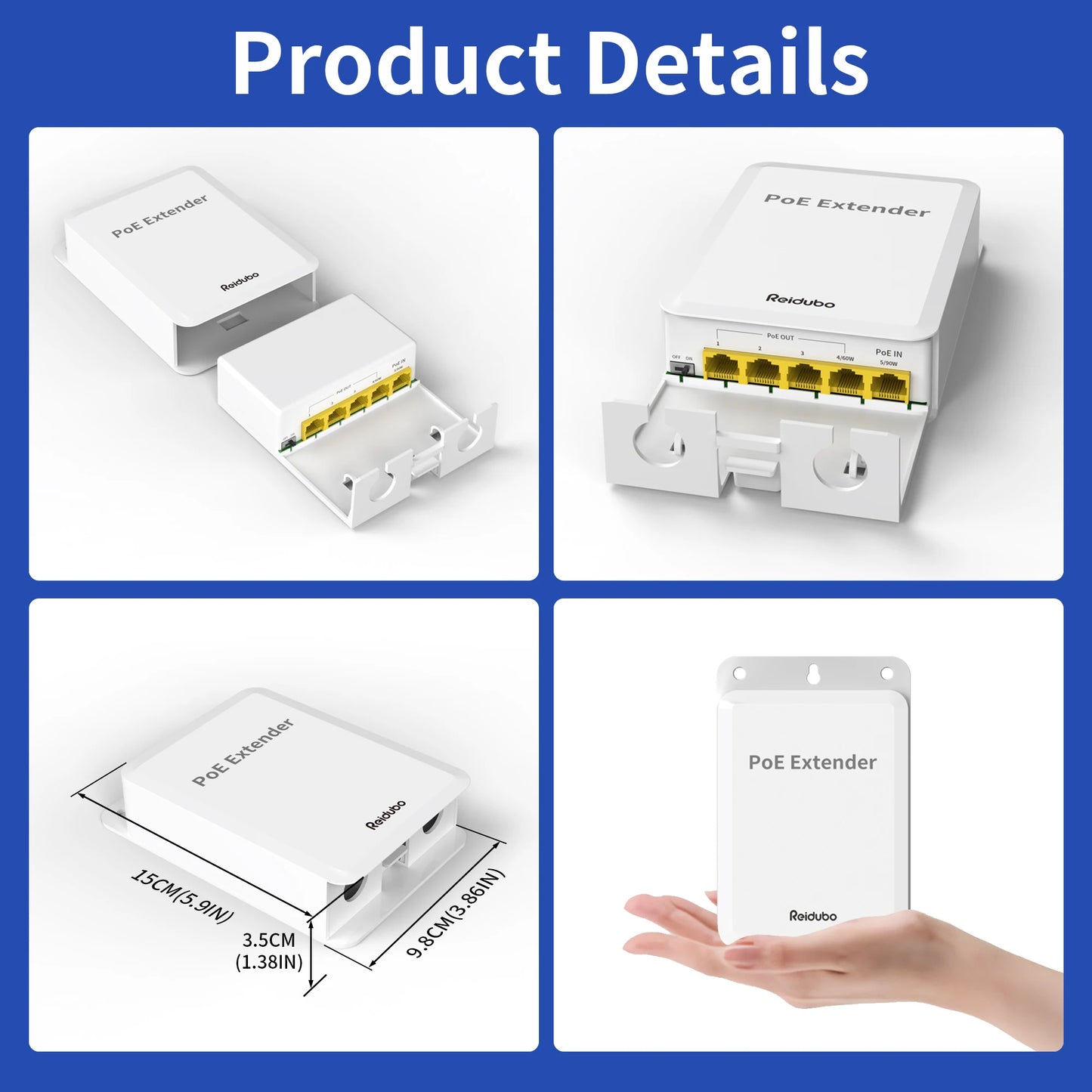 Extensor Gigabit PoE++ para exteriores de 5 puertos, repetidor PoE de 1 entrada y 4 salidas con 1000 Mbps, compatible con IEEE802.3af/at/bt, resistente al agua IP65